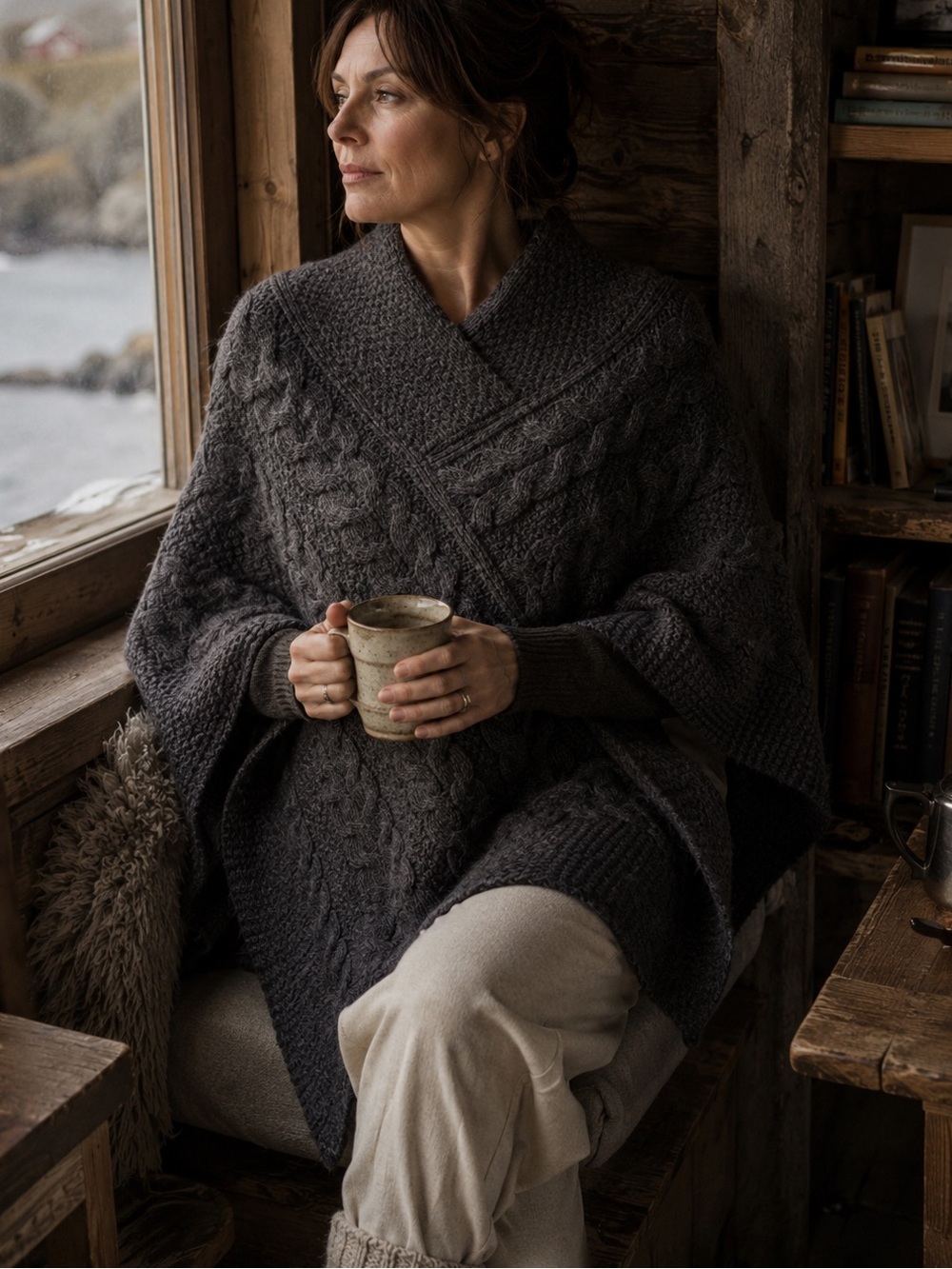 Aran Crafts Merino Wool Poncho Grey Irish Cable Knit Cape Small Minimalist